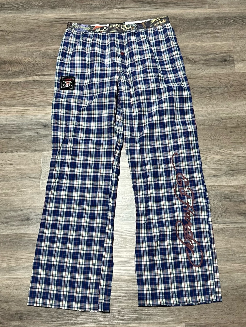 VTG Ed Hardy Men’s Medium Plaid Boxer Pants Pajama Blue White Streetwear Y2K